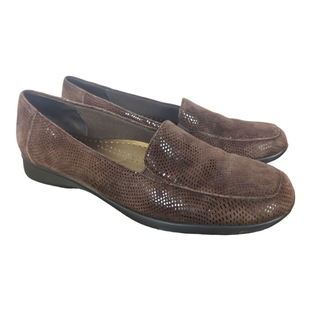 Trotters Deanna Dark Brown Leather Suede Mini Dot Loafers Slip-on 7.5 N